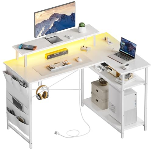 HLONONE L-formad skrivbord, LED hörnskrivbord med 2 uttag och 2 USB-portar, datorbord med bildskärmsstativ och förvaringsutrymme, kontorsbord för Hemmakontor, 110 x 80 x 74 cm, Vit