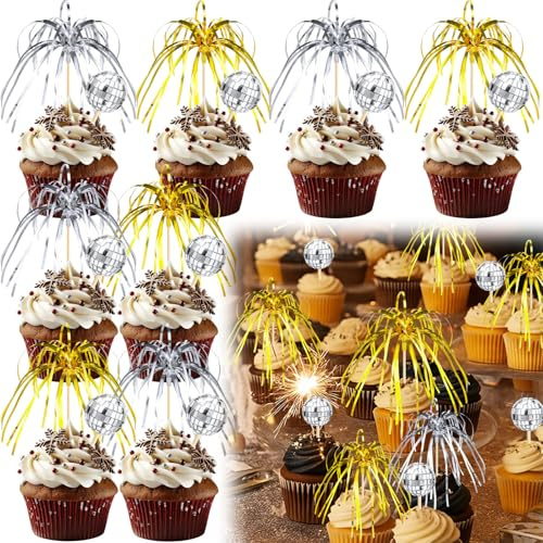 Potchen 120 Pcs New Year Firework Disco Ball Cupcake Toppers, 100 Firework 20 Disco Ball Cupcake Toppers Foil Frill Toothpicks Cake Decorations Food Picks for Holiday Party(Gold and Silver)