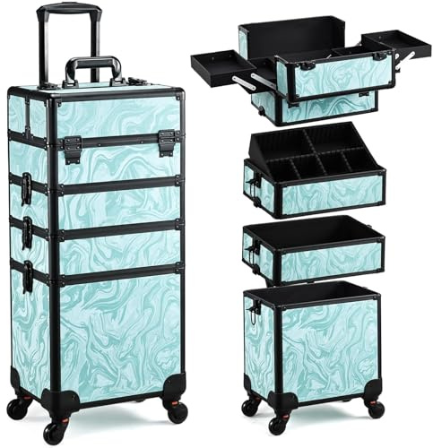 Stagiant 4-in-1 Makeup Trolley Makeup Vanity Case Beauty Organiser Box | Hairdressing Trolley on Wheels Nail Technician Case Vanity Box, Wheels for Salon or Travel, Turquoise Vitality