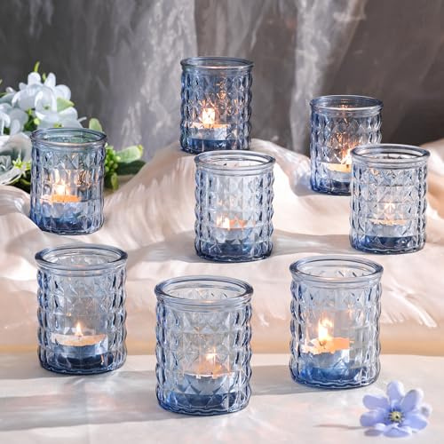 LETINE 12 stycken värmeljushållare, glas ljushållare, hållbara och högkvalitativa blå värmeljusglas, 6,7 x 5,5 cm ljusglas, lämpliga för fester, festivaler, bröllop, heminredning