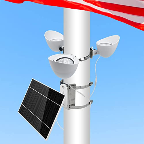 enrybia Solar Flag Pole Light, 3 Super-Spotlights LEDs, Adjustable Metal Clamps Fits 2-6''Flag Poles, IP65 Waterproof Outdoor Solar Powered Flagpole Lights, 360 Degrees of Flag Illumination, White