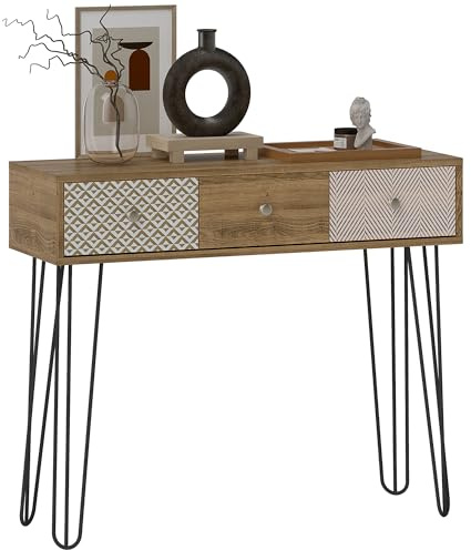 HOMCOM Mesa de Consola, Mesa de Sofá con 3 Cajones Estrecha, Natural