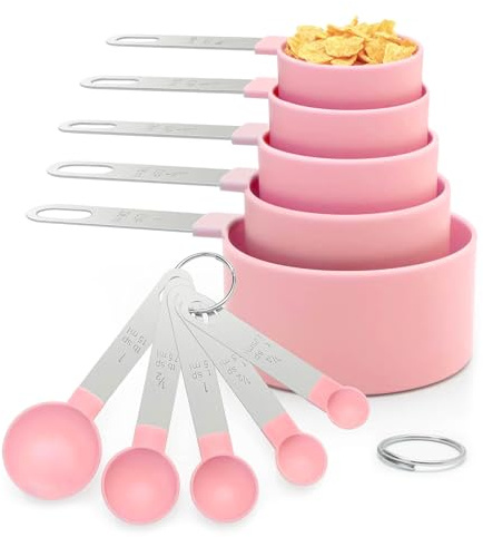 Measuring Cups and Spoons Set, 10 Pieces Stackable Measure Tools with Stainless Steel Handles, Kitchen Gadgets for Cooking & Baking (Pink)