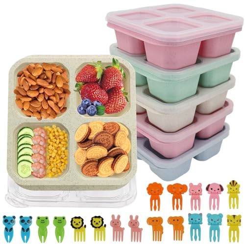 6 Pack Bento Snack Box Container with 18 Pcs Cute Forks, 4 Compartment Snack Containers for Adults with Transparent Lids, Divided Food Storage Containers for School Work Travel ( Set of 6 ) (6)