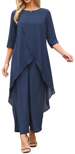 Seta T Women's 2 Piece Chiffon Sets Dressy Pantsuits High Low Top Pants Set | Summer Formal Wedding Guest Outfit