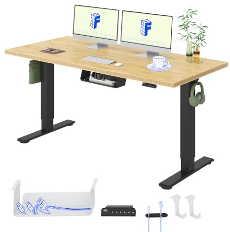 FLEXISPOT Höhenverstellbarer Schreibtisch 160×80 cm, Doppelmotor, Einteilige 19 mm Bambus-Tischplatte, 4 Speicherhöhen, LED Anzeige, Ergonomischer Büro- und Computertisch (Schwarzes Gestell)