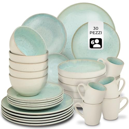 tectake® Vajilla Completa para 6 Personas, Diseño Marítimo, Aptas para Lavavajillas y Microondas, Platos Vajilla, Cuencos y Tazas de Cafe, Vajillas Completas Modernas - 30 Piezas Menta