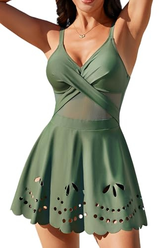 Eagerbuy Women One Piece Tummy Control Swimsuit with Cutout Skirt Bathing Suit Modest Twist Front Mesh Swim Dress Green