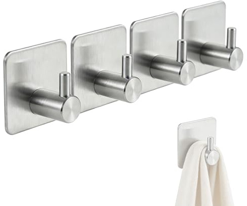 Cloxtralon Crochet Adhesif Mural 4 Pièces, Patere Murale en Acier Inoxydable 304 Anti-Rouille, Moderne, Crochet Adhesif Mural Salle de Bain, Patere Murale pour Cuisine et Serviette, Rond Argenté