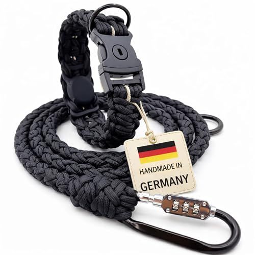 HUNDUM SICHER® Anti-Diebstahl Hundehalsband & Leine für große Hunde - Abschließbar & schnittfest, mit versteckter AirTag-Halterung, handgemachtes Set aus Paracord mit Stahlseil-Kern (Leine L (210cm))