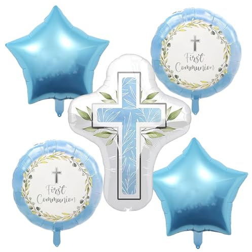 5 globos para comunión, globos de comunión de primera comunión de papel de aluminio, decoraciones de comunión, globo de confirmación de cruz religiosa de papel de aluminio para decoración de baby