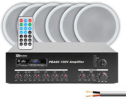 Power Dynamics CSPB5 Bluetooth Ceiling Speaker System – 6x 5 100V Speakers with 60W Amplifier & 100m Installation Cable for Bars, Cafes, Offices & Retail Complete Audio Solution