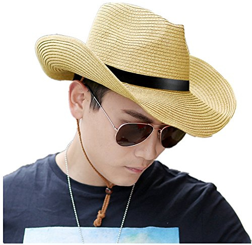 QCHOMEE Homme Chapeau de Cowboy Paille Large Bord Panama Pliable Chapeau de Plage Soleil UPF50+ Casquette Visière Protection Solaire Hat Fedora Trilby avec Sangle Menton pour Printemps Eté
