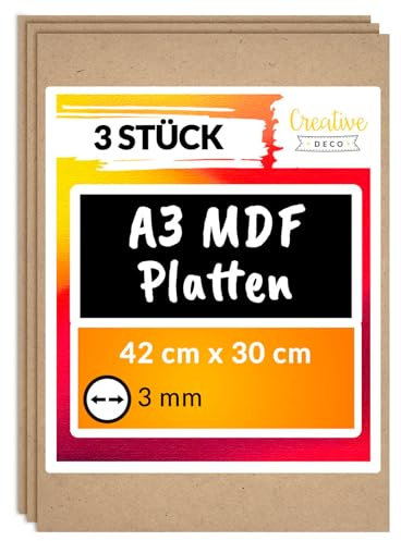 Creative Deco 3 x A3 MDF Platten | 420 x 300 x 3 mm | Dünne Holz-Platten | Perfekt für Laser, CNC Router, Modellierung, Durchbrochenes, Laubsäge