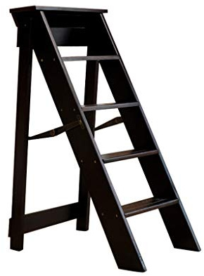 LHNLY-Stepladder Marchepied escamotables Escabeau Échelle Pliant en Bois 5 marches Étapes léger et Pliable - Tabouret Chaise de Bureau Bibliothèque - Max.150kg,Noyer Noir