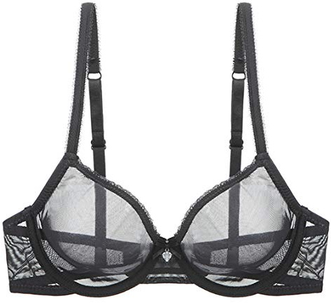 YANDW Sexy Durchsichtiger Nicht-Wattierter BHS Ungefüttert Bügel Spitze Mesh Ultra Dünner transparenter Bralette Schwarz, 85C
