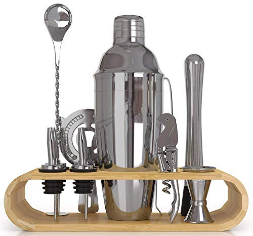 12 unids Bartender Cocktail Cocker Set Kit de cóctel y accesorios de bar.El kit de incluye la coctelera Manhattan, el aparejo de medición, el colador, la cuchara mezcladora con el soporte de bambú
