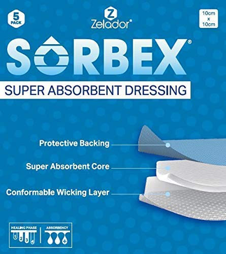 Sorbex Tappetino super assorbente per ferite drenanti da moderate a pesanti (15 x 15 cm) assorbimento dell'umidità superiore sterile e traspirante