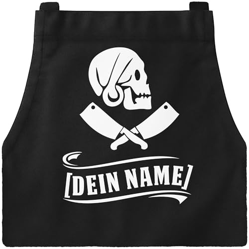 MoonWorks® Grill-Schürze Kochschürze für Männer anpassbarer Name Pirat Totenkopf personalisierte Küchenschürze Herren Baumwolle Schwarz unisize