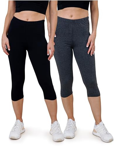 SES Leggings Capri da donna lunghi a 3/4, confezione da 2 pezzi, da 32-34 a 56-58, opachi ed elastici con vita morbida e vestibilità perfetta, cotone con elastan, nero/antracite mélange, 46-48