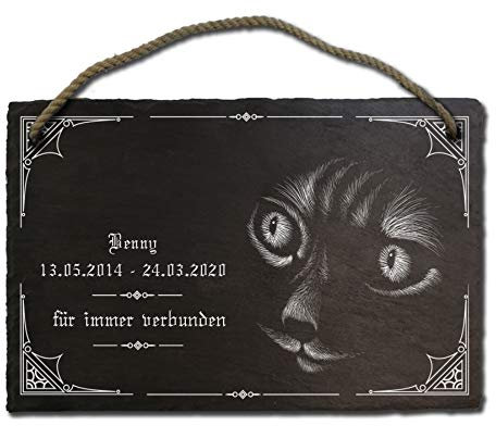 Schiefertafel Katze ca. 20x30cm Grabstein, Gedenkstein, Grabplatte oder Grabschmuck graviert, Wunschtext und Name, Schieferplatte auch als Klingelschild Türschild für den Kater (Motiv B mit Kordel)