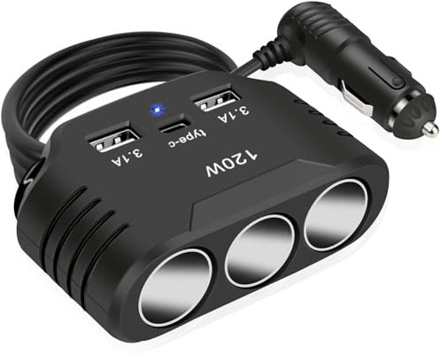 12V USB Verteiler 120W Kfz Zigarettenanzünder Adapter Auto Ladegerät 3 Mehrfach Steckdose Splitter DC 24V Stecker Ladekabel mit 3 USB Anschlüsse für Handy Sitzheizung GPS DashCam Navi