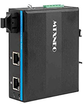 Conmutador de red de fibra industrial mini para exteriores, montaje en rail Din Rail, 1 puerto de fibra SC y 2 UTP, hasta 20 km