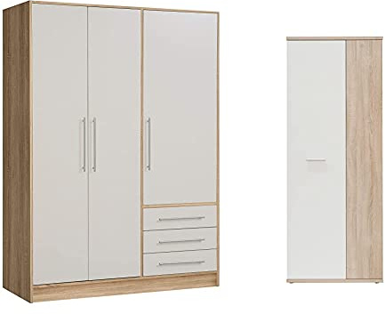Forte Jupiter Kleiderschrank 3-türig, 3 Schubkästen, Holz, Sonoma Eiche + weiß, 144.6 x 60 x 200 cm & Net106 Schuhschrank, Holz, Sonoma Eiche + weiß, 68.90 x 34.79 x 179.1 cm