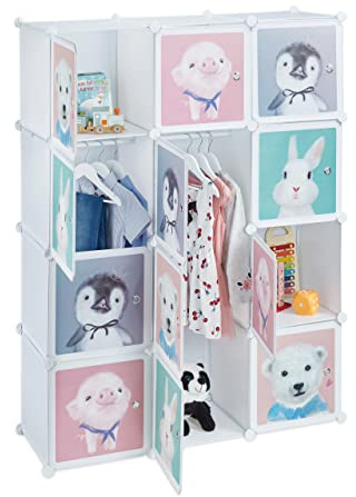 Relaxdays Steckregal Kinder, 8 Fächer, mit Türen, Tier-Motive, Regalsystem für Kinderzimmer, HxBxT: 145x109x37 cm, weiß | Regalsystem für Kinderzimmer, HxBxT: 145x109x37 cm