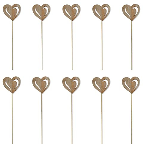 DARO DEKO Holz Blumen-Stecker Herz Natur 10 Stück 7 x 35cm Dekostecker Blumenstab Herzstab Holzstecker