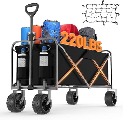 MAVGV XXXL Plus Bollerwagen Faltbar mit Bremsen 220L 200KG Belastbar, Extra Breite Reifen Alle Gelände, Patentiert Klappbar aus Vier Richtungen, XXXL-Super 4013, Schwarz Collapsible Foldable Wagon