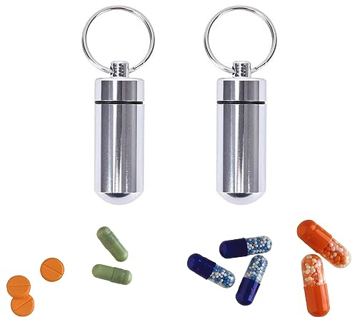 Pill Box Keyring 2 pcs Waterproof Aluminum Pill Box, Mini Pocket Pill Case Silver Pill Holder Medicine Case Water Resistant Keychain Mini Pill Holder Pill Container for Outdoor Travel Camping