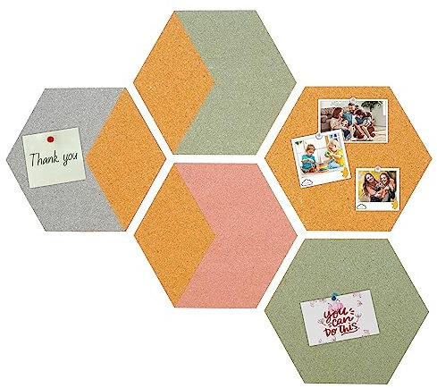 Tableau en liège mural autocollant – 5 panneaux hexagonaux 18×20 cm (ép. 6 mm) – avec 12 accessoires (6 punaises + 6 pinces) – pêle-mêle/moodboard, panneau d’affichage maison & bureau