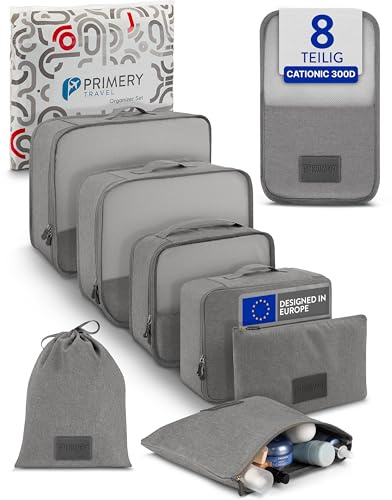 PRIMERY 8-teilige Packing Cubes Koffer Organizer (grau) - Packwürfel & Packtaschen für Urlaub & Reisen - Koffertaschen für Kleidung, Schuhe, Unterwäsche - Suitcase Reise & Travel Kleidertaschen