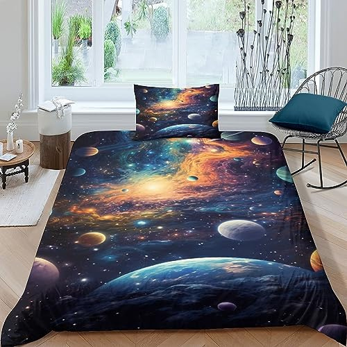AYSUM Space Bettwäsche 135x200, Weltraum Bettwäsche Set mit Kissenbezug, Single (135x200cm), Galaxy Planet-1, Polyester, 3D-Druck, Knitterfrei, Langlebig, Umweltfreundlich
