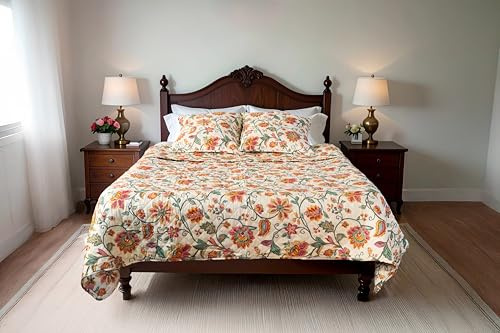 Autrefois Tagesdecke Patchwork Grün und Orange Biot – Tagesdecke 230 x 250 cm mit 2 Kissenbezügen 65 x 65 cm, gesteppte Tagesdecke für Doppelbett, Tagesdecke mit Blumenmotiv