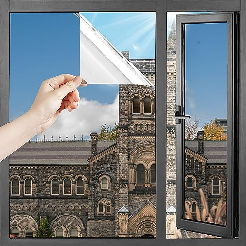 HOMTOL Film Miroir pour Fenetre 110x400cm, Film Fenetre Anti Regard Jour et Nuit, Film UV Fenetre Anti Chaleur, Filtre Vitre sans Tain, Protection de la Vie Privée, pour Meubles Maison Bureau, Argenté