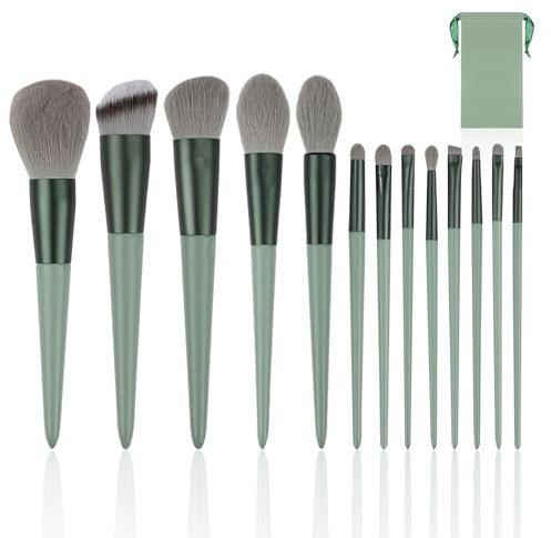 NyxSeat 13 pennelli da trucco, 1 sacchetto di velluto, set professionale di pennelli da trucco, setole sintetiche di alta qualità, strumenti di bellezza con setole morbide per trucco e bellezza (verde
