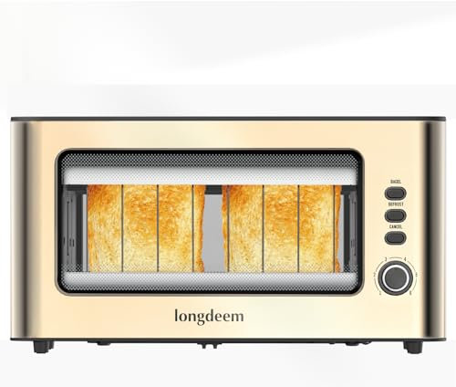 LONGDEEM Tostapane 1.75 con Vista Chiara: Fessure Extra Lunghe, Acciaio Inox, 6 Livelli Tostatura per Bagel/Defrost, Spegnimento Automatico, Vassoio Rimovibile, 2 Fette, Design in Vetro, Colore Oro.
