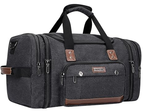 WITZMAN Reisetasche Herren Canvas Erweiterbar Konvertierbar Sporttasche | Von 40L auf 50L Erweiterbar, Mit Schuhfach und Nass-Trennfach, Handgepäck Flugzeug, Für Reisen, Weekender, A8007 Schwarz