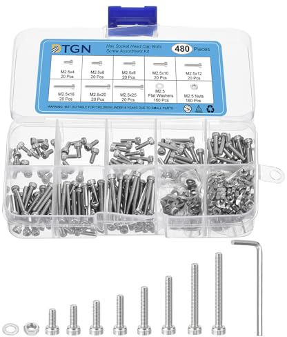 DTGN 480pz Assortimento Viti Metriche, M2.5 Kit Bulloni Dadi, Acciaio Inossidabile 304 M2.5x4/6/8/10/12/16/20/25mm Set Bulloni per Viti Testa Esagonale con Rondella Chiave Inglese