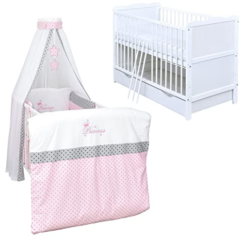 Generisch Baby Delux Babybett Komplett Set Kinderbett 60x120 cm umbaubar zum Juniorbett weiß Schublade Max Bettset Matratze (Princess Stars)
