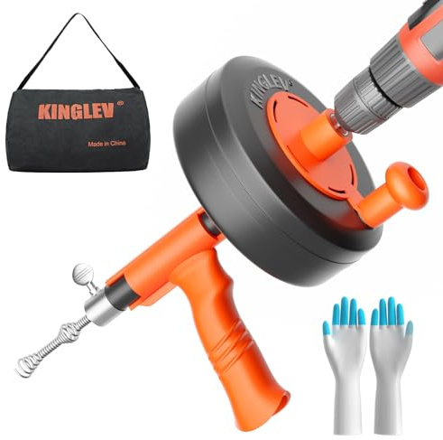 Drain Snake, 25ft Flexible Steel Drain Auger With Drill Adapter, Plumbing Unblocking Hand Auger, Manual Or Powered for Shower & Bathtub Clogs-No auto retract or feed (Orange)