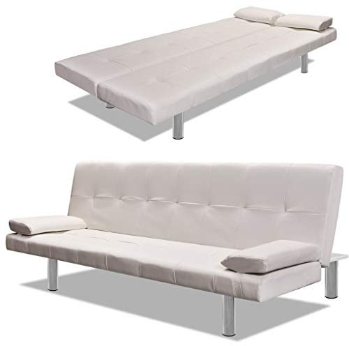 Schlafsofa mit 2 Kissen,Entspannungssofa,Lounge-Sofa,Schlafsofas,Rezeption Sofa,Wohnzimmersofa,Sessel,Heimdekoration,Gartenstuhl,für Büro,Wohnzimmer,Arbeitszimmer, Kunstleder Ausziehbar Cremeweiß