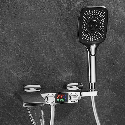 Wannenarmatur mit Handbrause Badewannenarmatur Wasserfall mit Brause mit Digitaler Bildschirm 3 Modi Bad Armatur Badewanne, Chrom