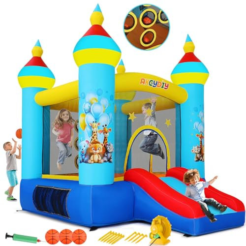 AKEYDIY Hüpfhaus, für drinnen und draußen, lustiges Hüpfhaus mit Gebläse, Tropische Dschungeltiere, Party-Bouncer Slide & Jumping Area, Ballwurfspiel, Hinterhof, aufblasbares Hüpfhaus, Geschenk für
