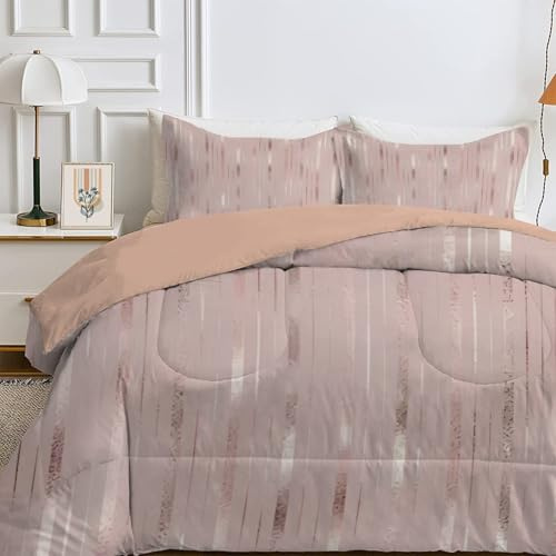 Qiwagu Bettdecke 135x200 4 Jahreszeiten, Wende Streifen Steppdecke Waschbare, Bettdecke ohne Bezug Nutzbar, Leicht Weiche Schlafdecke 200GSM, Ganzjahresdecke Rosa mit 1 Kissenbezug (ohne Kissen)