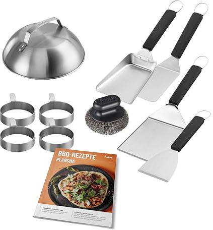 Enders® PLANCHA-Set inklusive Schaufel, Wender, Bürste, Spachtel, Edelstahlringen, Melting Dome und Rezeptheft, Plancha Zubehör, Enders Plancha, Grillzubehör, Edelstahl, Grillbesteck, #8776
