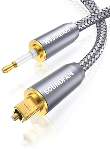 SOUNDFAM Câble Audio Optique Mini-Toslink vers Toslink pour Barres de Son, Chromecast Audio, Chaîne Stéréo/Amplificateur, Appareils Hi-Fi - Gris 1m
