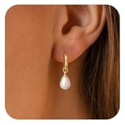 JOBICY Gold Pearl Hoop Earrings for Women Trendy, Simple 14k Gold Filled Dangle Drop Pearl Earrings Lightweight Hypoallergenic Bridesmaid Bridal Earring Wedding Gold Jewelry for Women Gifts